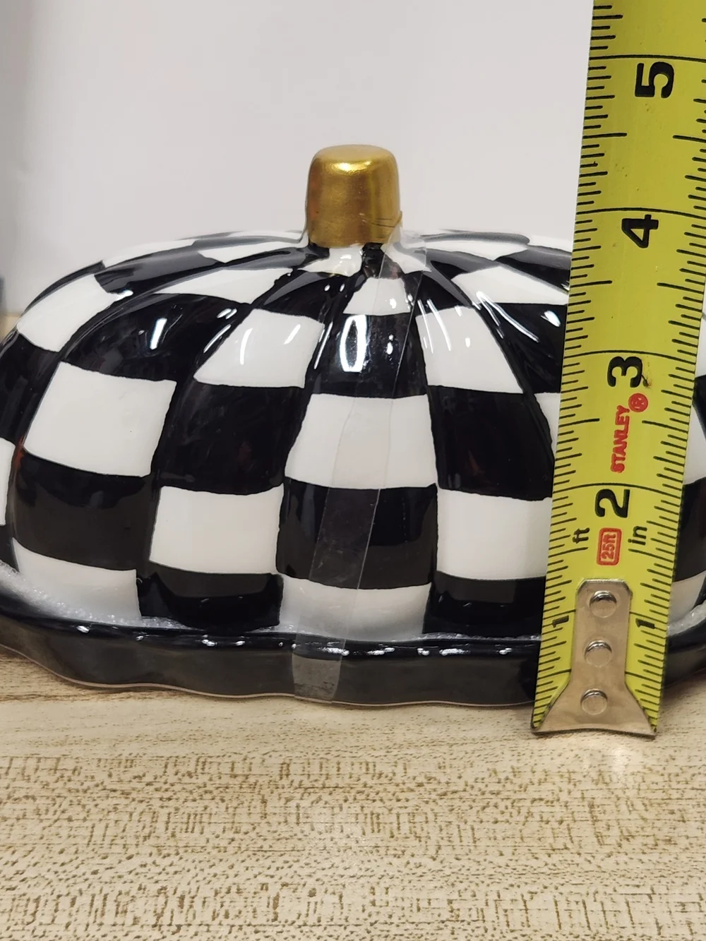 Salem St. Hand-Painted Black & White Check Pumpkin with Gold Stem